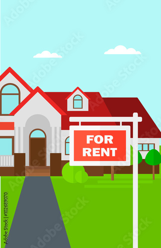 Background of house with for rent real estate sign.