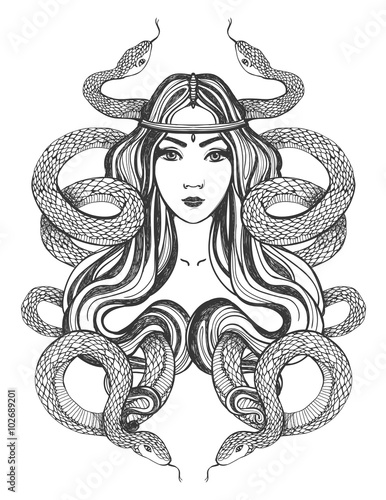 Woman with snakes. Tattoo art, coloring books.