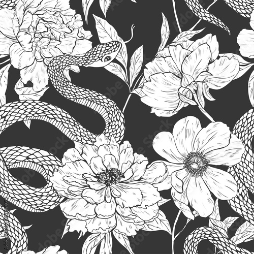 Snakes and flowers seamless pattern.
