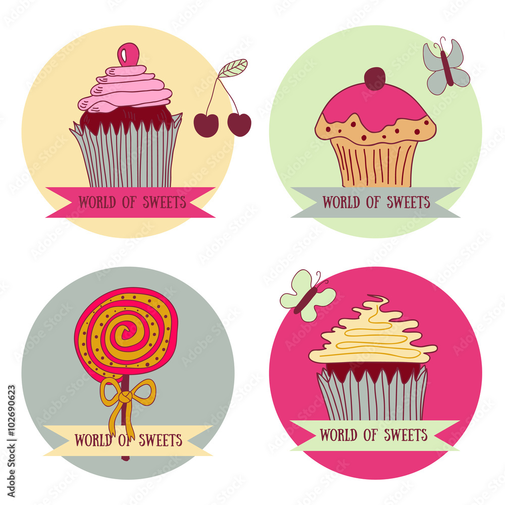 Set of 4 spot graphics elements with sweet cupcakes. Set of 4 spot graphics elements with sweet cupcakes.
