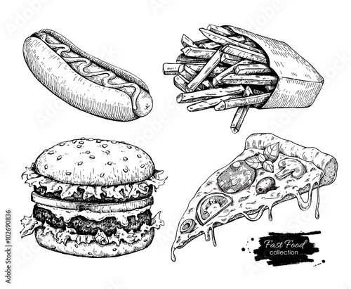 Vector vintage fast food drawing set.