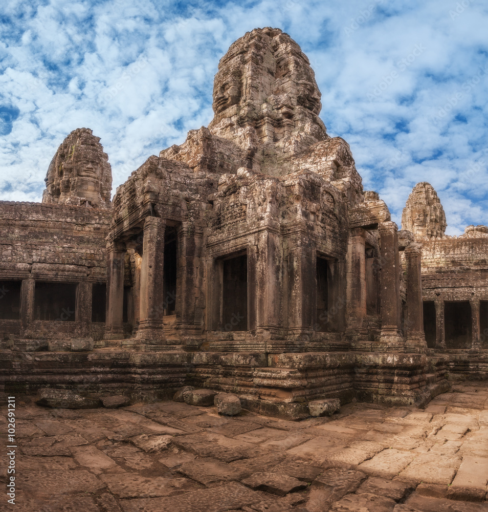 SIEM REAP, CAMBODIA. Ancient Khmer architecture. Amazing view of Bayon temple Angkor Thom complex