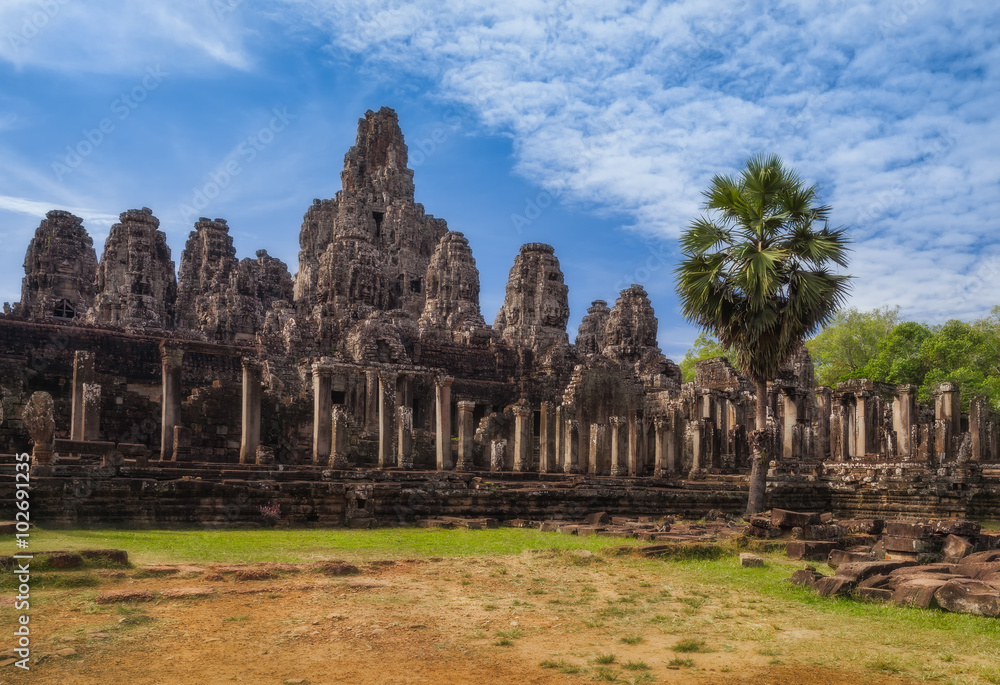 SIEM REAP, CAMBODIA. Famous Bayon temple inside Angkor Thom complex