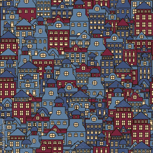 Seamless pattern with night buildings. 