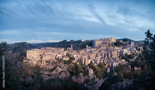 Panorama of medieval town Sorano at twilight