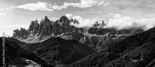 Black and white panorama of Geisler (Odle) Dolomites Group