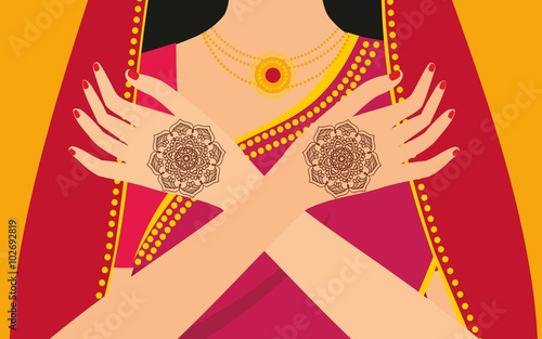 Element yoga mudra hands with mehendi patterns. Vector illustration for a yoga studio, tattoo, spas, postcards, souvenirs. Indian traditional lifestyle.