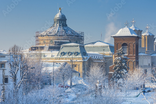 Palace of the Patriarchate in Bucharest coverd by snow in the winter season photo