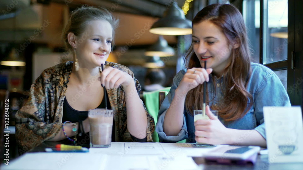 Girlfriends chatting in the cafe and drinking milkshakes
Girlfriends chatting in the cafe and drinking milkshakes
