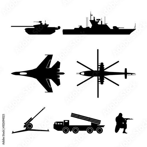 Black silhouettes of military equipment for the tactical map