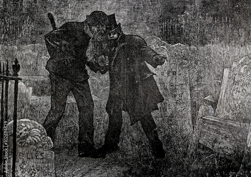 Two men in a spooky graveyard, pointing, dark of night vintage drawing art