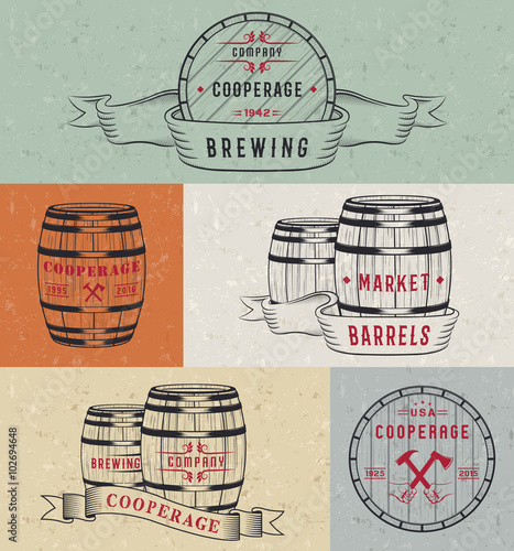 Set Wooden Casks Badges and Cooperage Logo