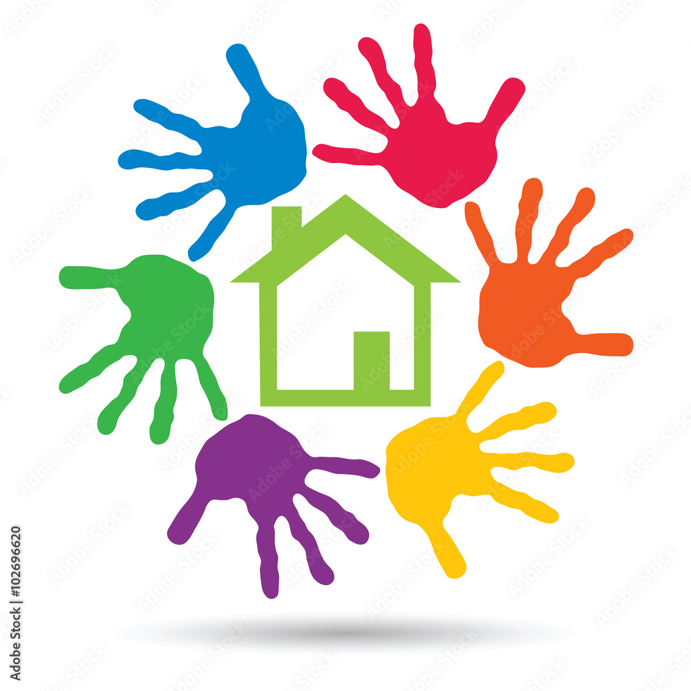 Vector concept circle of hands, green house symbol Vector concept circle of hands, green house symbol