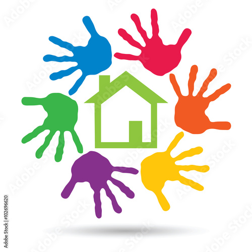 Vector concept circle of hands, green house symbol