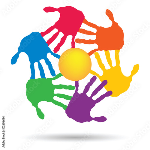 Vector concept circle of hands, yellow sun symbol