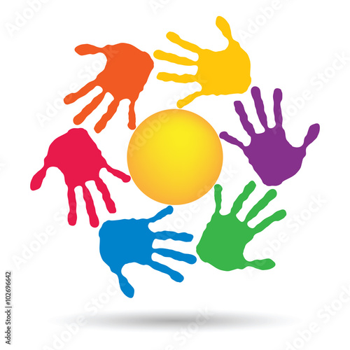 Vector concept circle of hands, yellow sun symbol