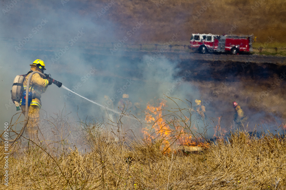 Wildland Firefighter fighting grass fire Stock Photo | Adobe Stock