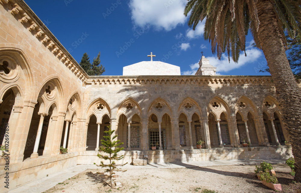 Jerusalem - gothic corridor of atrium in Church of the Pater Noster