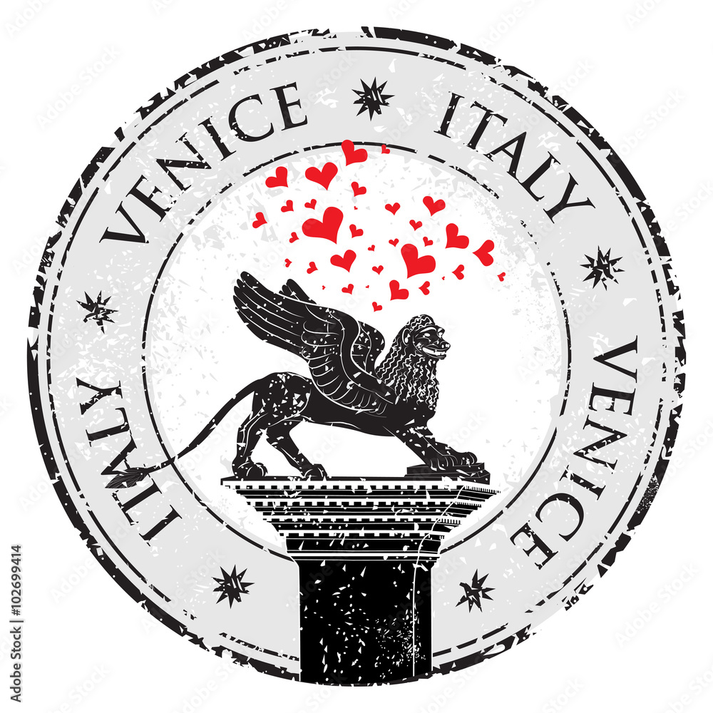 Fototapeta premium Grunge stamp of Venice, hearts to Italy inside, vector illustration