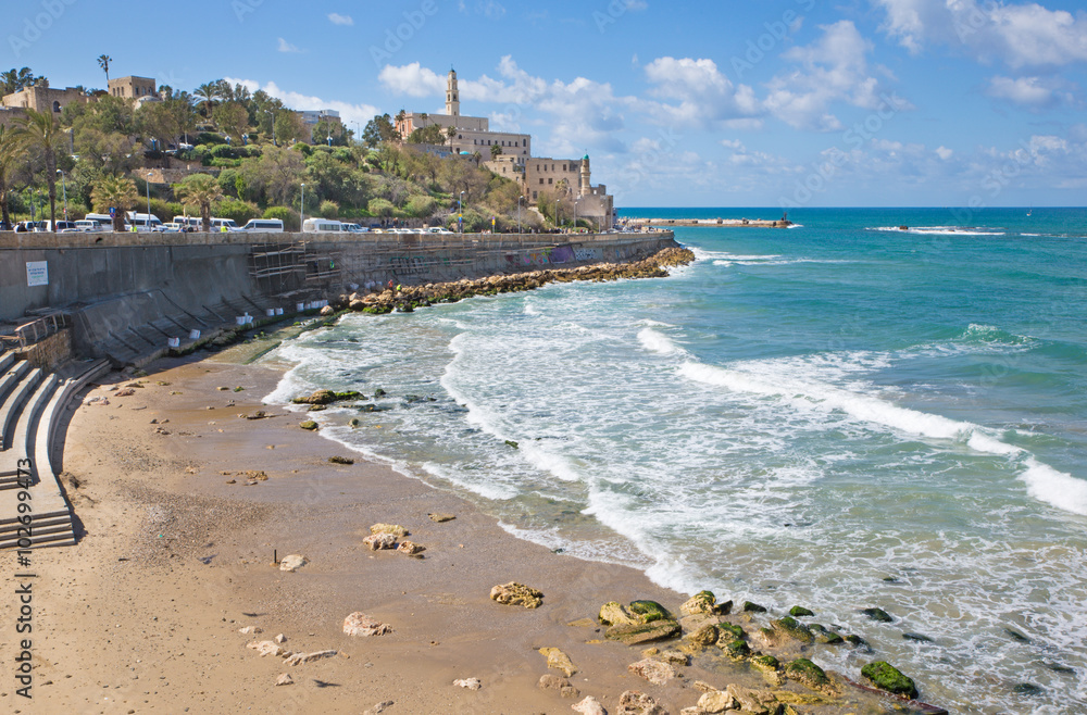 The waterfront and beach under old Jaffa in Tel Aviv