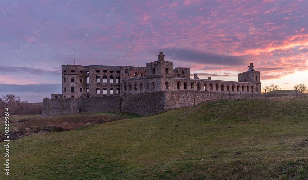 Ruins of baroque castle Krzyztopor in Ujazd, Poland during colorful sunrise
