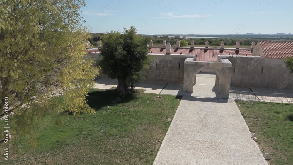 Aerial view of the restored medieval Templar town Maskovica Han in Vrana, it was the embassy of the Vatican, but was built before that as caravansary during otoman empire. Aerial view of the restored medieval Templar town Maskovica Han in Vrana, it was the embassy of the Vatican, but was built before that as caravansary during otoman empire.