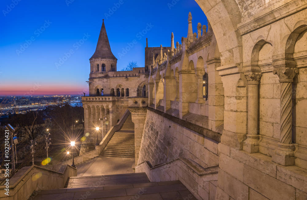 North Gate of Fisherman's Bastion in Budapest, Hungary Illuminated at Dawn