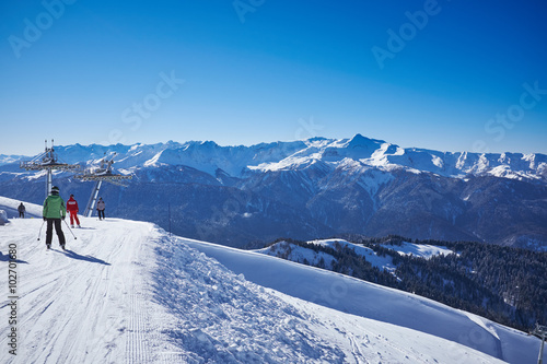 Winter mountains panorama with ski slopes. 