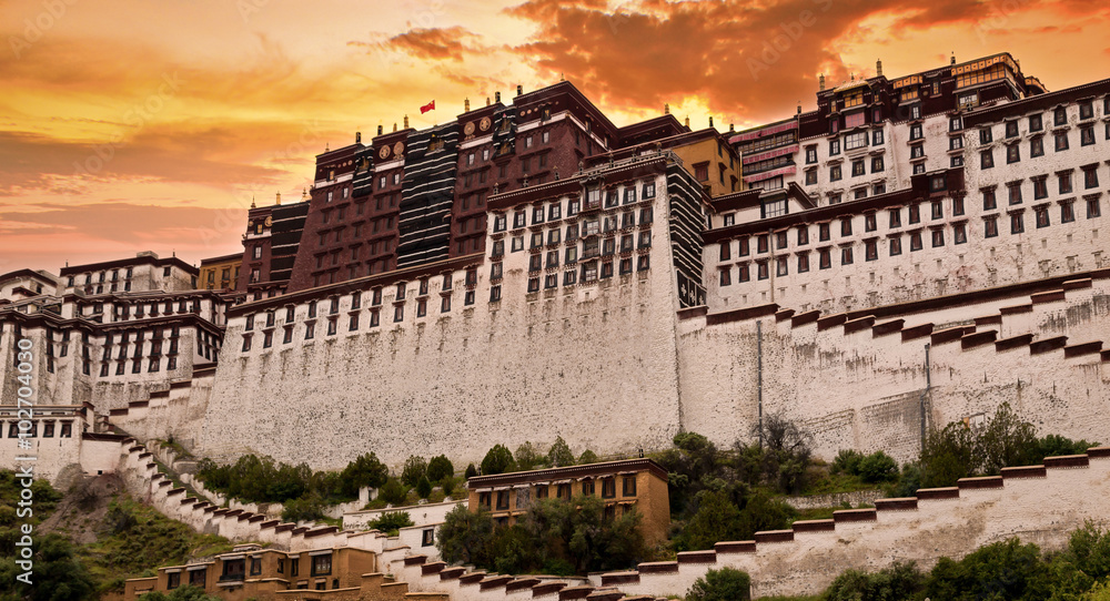 Sunset over Potala Palace in Tibet.