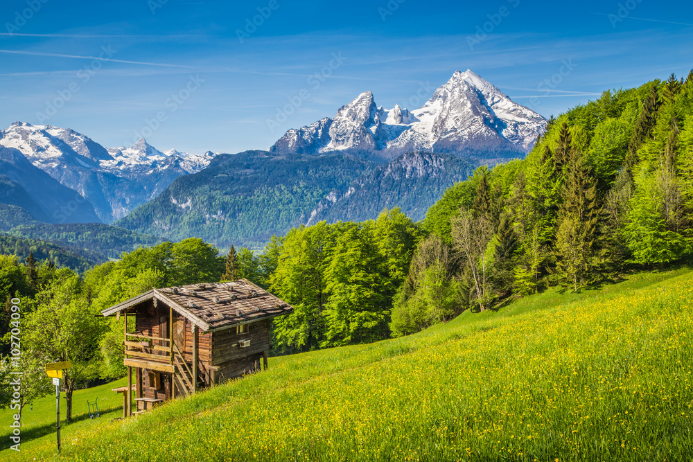 Mountain scenery in the Alps with traditional mountain lodge in springtime