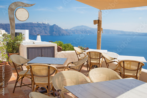 Santorini - The outlook across the restaurant in Oia to Imerovigli and Skaros. © Renáta Sedmáková