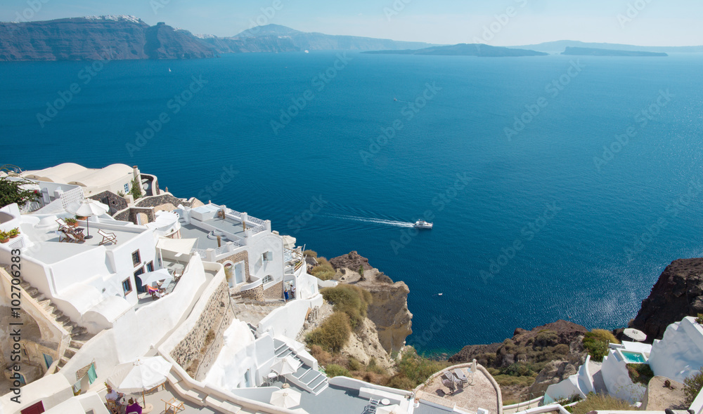 Santorini - The look from Oia to east with the Imerovigli and Scaros