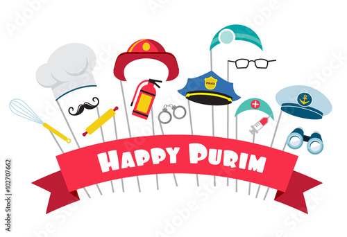 design for Jewish holiday Purim with masks and traditional props. Vector illustration
