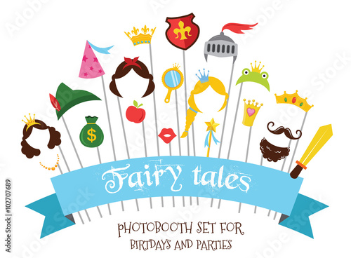 Prince and Princess Party set - photobooth props - mustaches, wigs and objects - vector