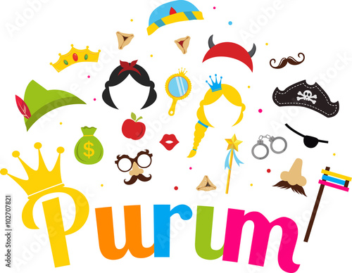 Jewish holiday Purim set of costume accessories. happy purim in hebrew
