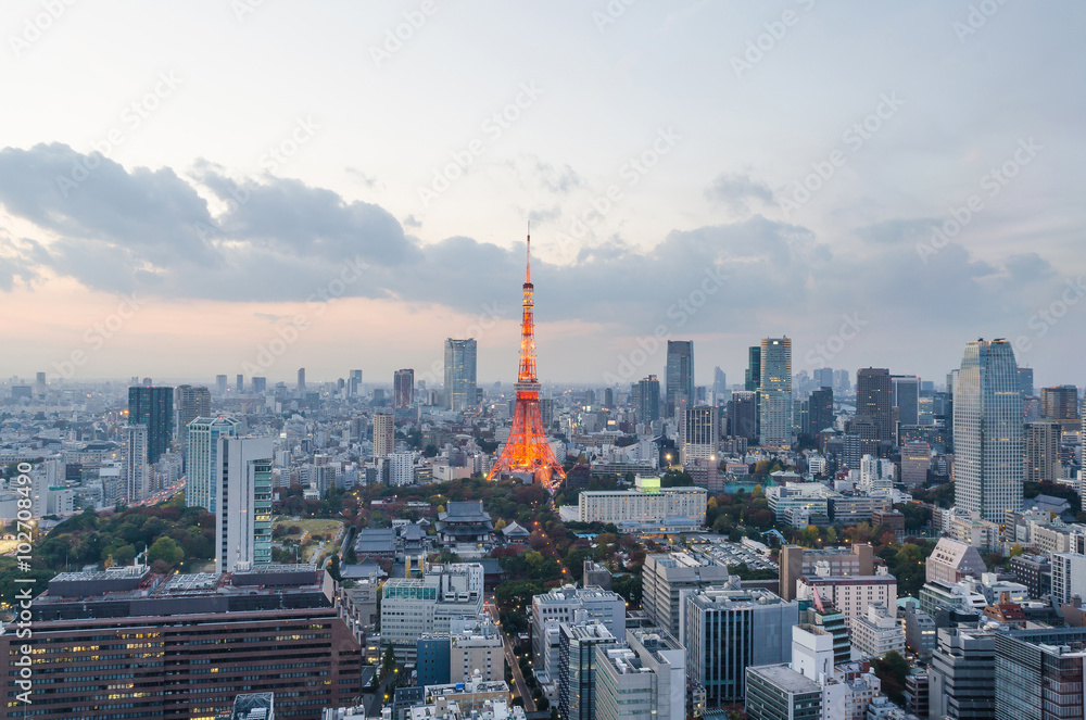 Naklejka premium Tokyo Tower rozświetla się i zachodzi niebo w tokio w japonii