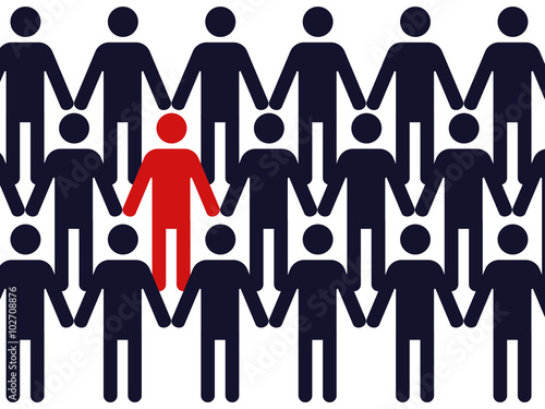 one red colored symbol of a man in a crowd of identic blue figures