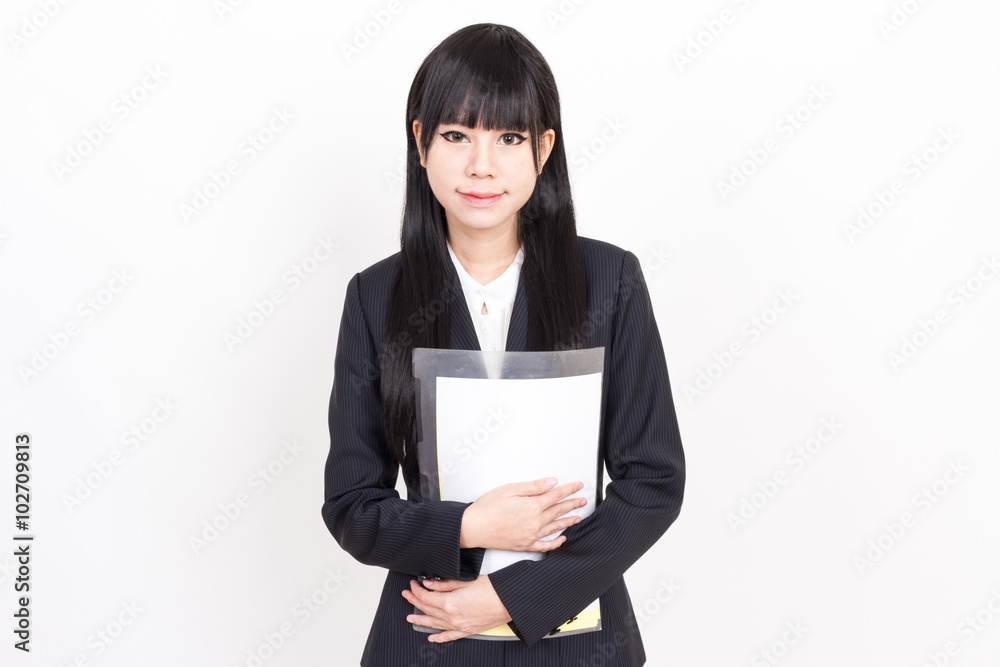asian business woman holding document folder asian business woman holding document folder
