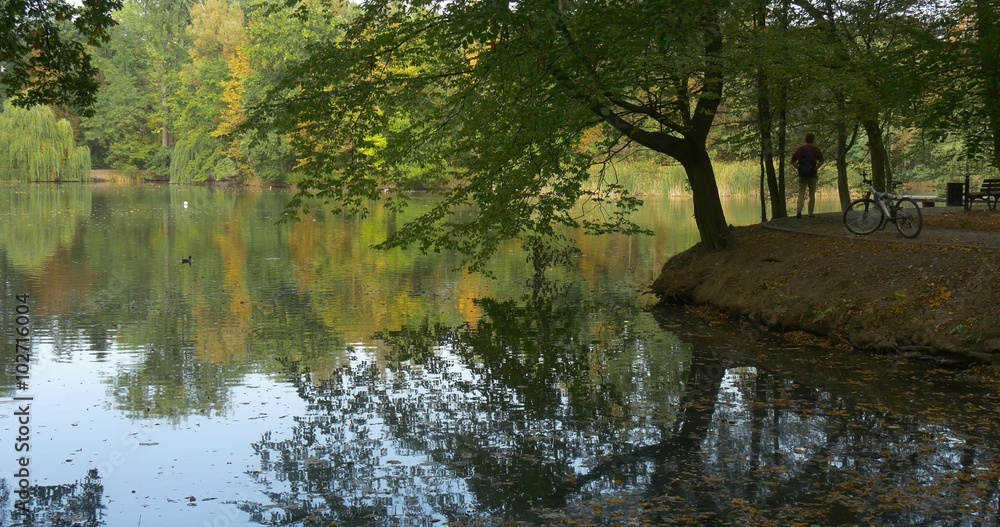 Man With Backpack Slowly Walks On The Lakeshore Man Looks At The Water His Bicycle Stands Near Under The Tree Park Area Warm Sunny Autumn Day Man With Backpack Slowly Walks On The Lakeshore Man Looks At The Water His Bicycle Stands Near Under The Tree Park Area Warm Sunny Autumn Day
