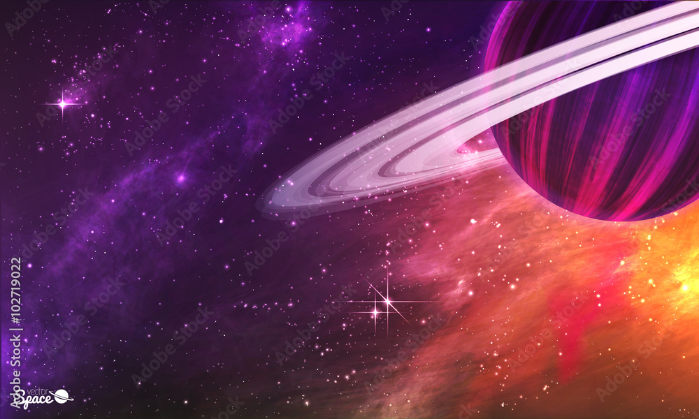 Naklejka premium Saturn-like planet with asteroid belt on colorful outer space background. Vector illustration.