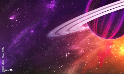 Saturn-like planet with asteroid belt on colorful outer space background. Vector illustration.