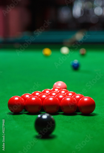 Canvas Print snooker balls set on a green table
