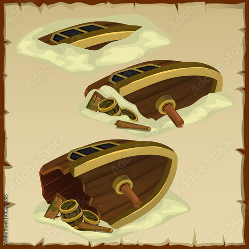Three parts of the destroyed ship on a parchment 