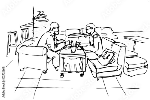 vector sketch of two friends on a couch in a cafe