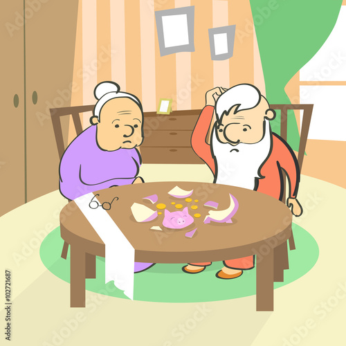 Old Couple Broken Piggy Bank Savings No Money