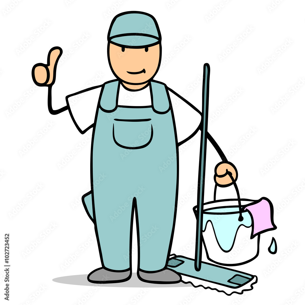 Obraz premium Mann von Reinigungsservice hält Daumen hoch
