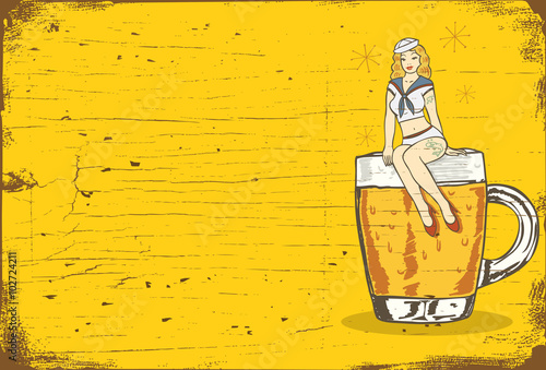 Illustration of a sailor girl sitting on a glass of cold beer