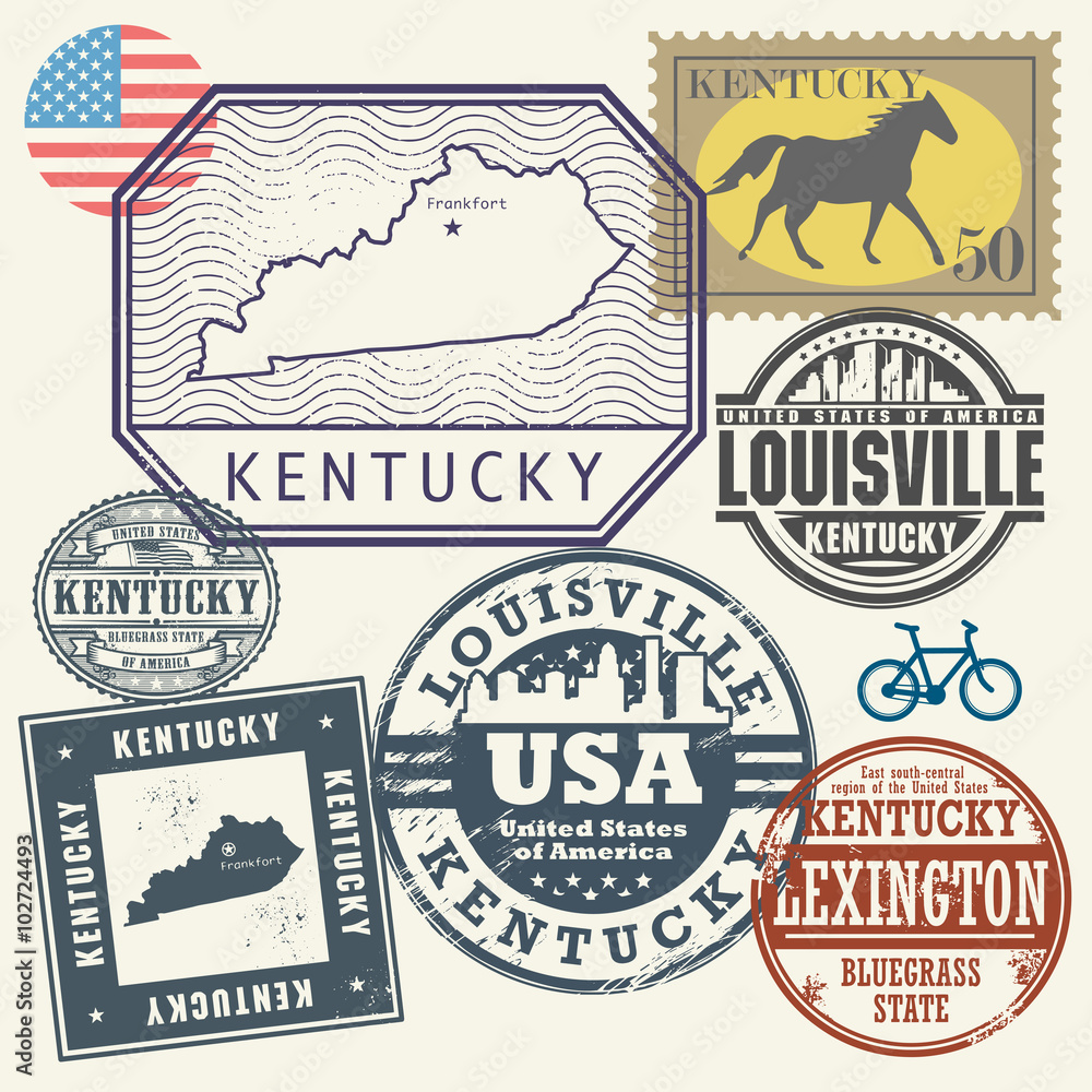 Stamp set with the name and map of Kentucky, United States