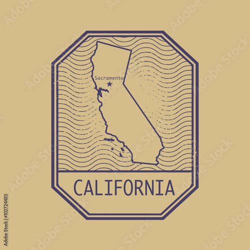 Stamp with the name and map of California, United States
