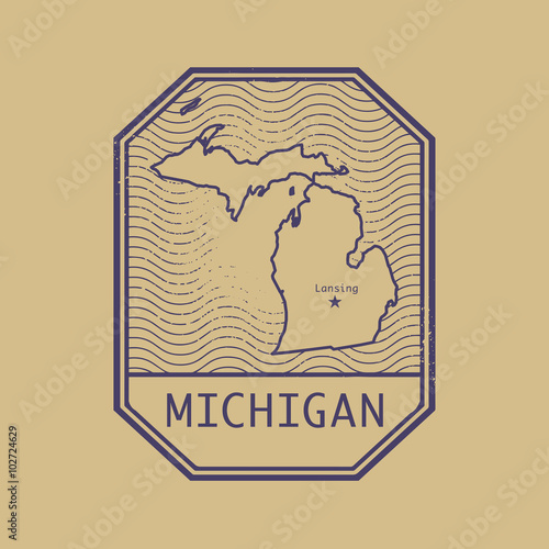 Stamp with the name and map of Michigan, United States